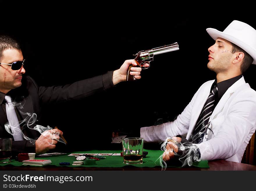 View of two gangster males having a serious discussion. View of two gangster males having a serious discussion.