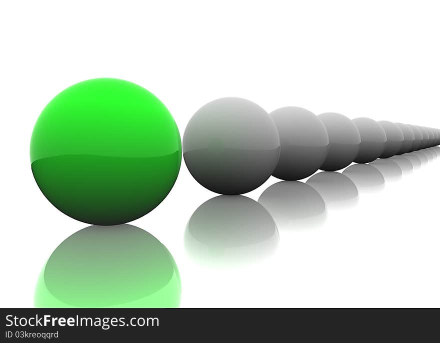 Follow the leader. 3D render of spheres.