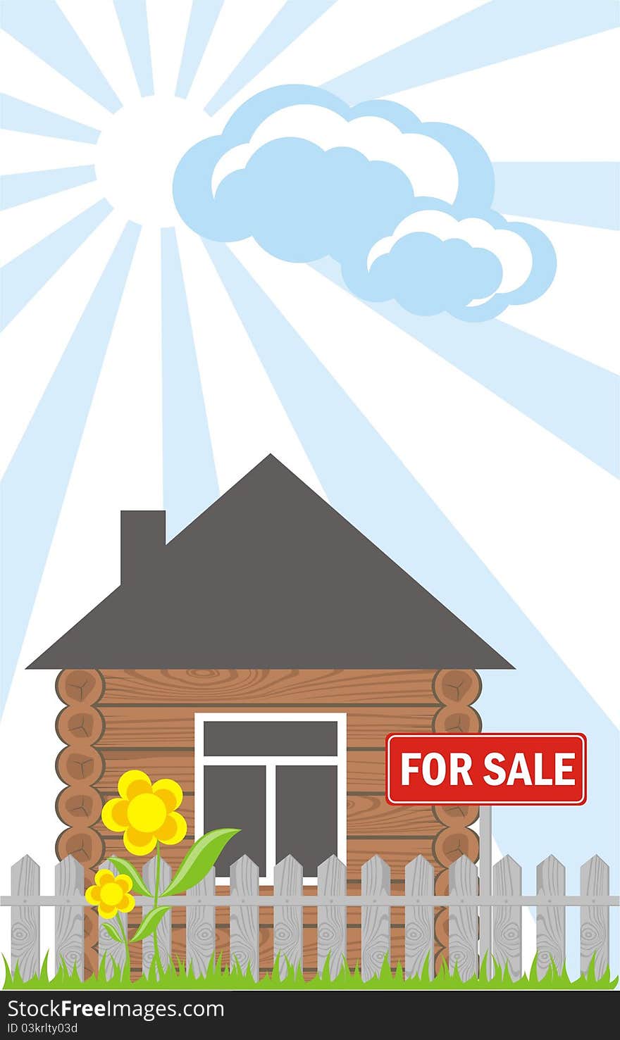 Wooden house with a sign for sale