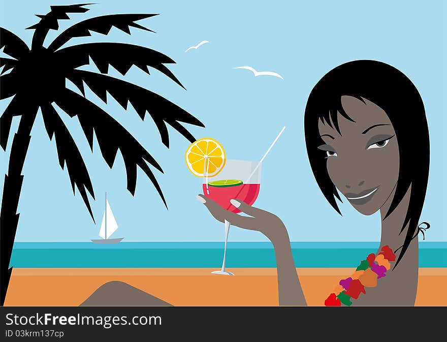 Black girl with a cocktail on the beach