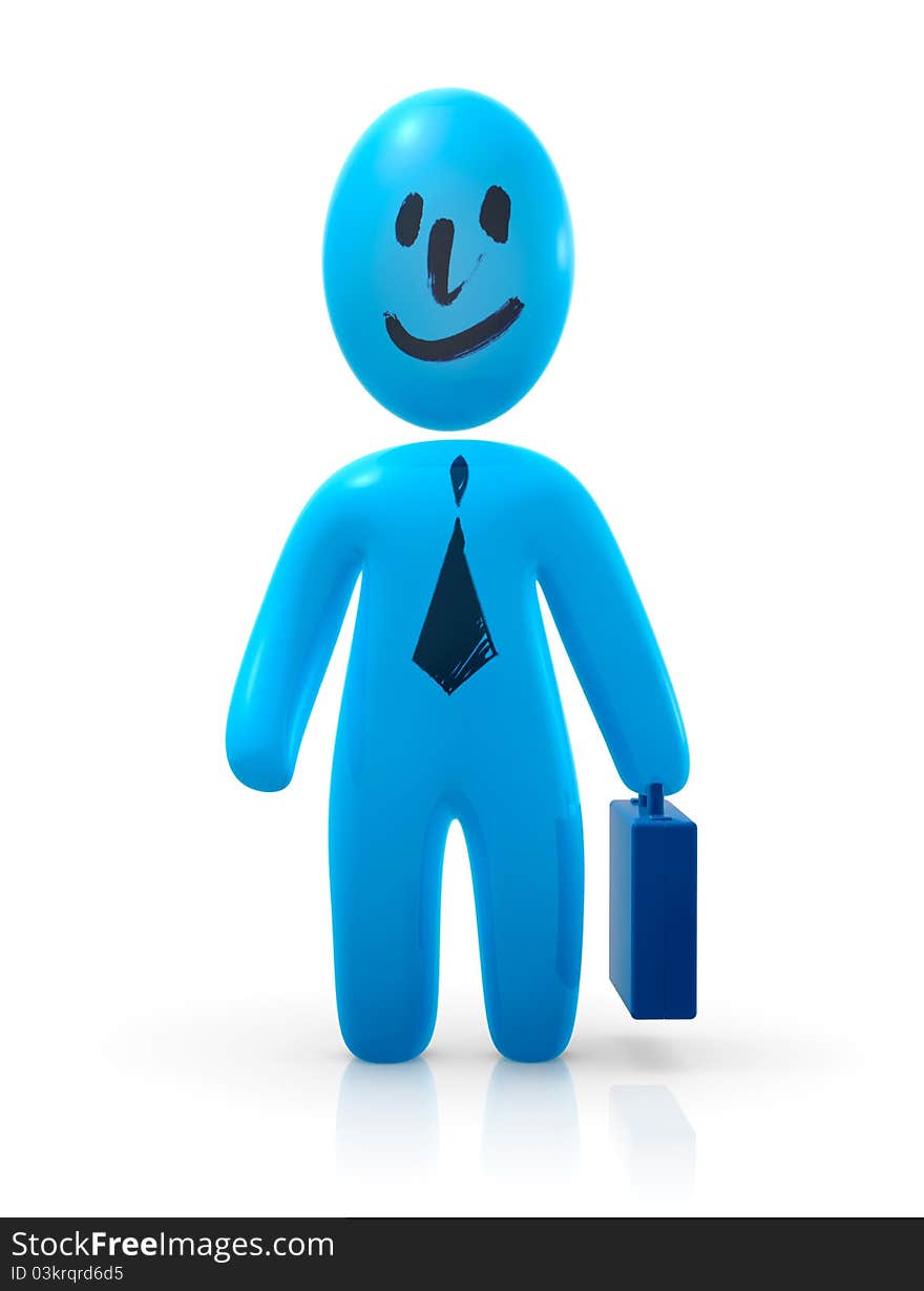 Blue businessman smiling and holding briefcase.