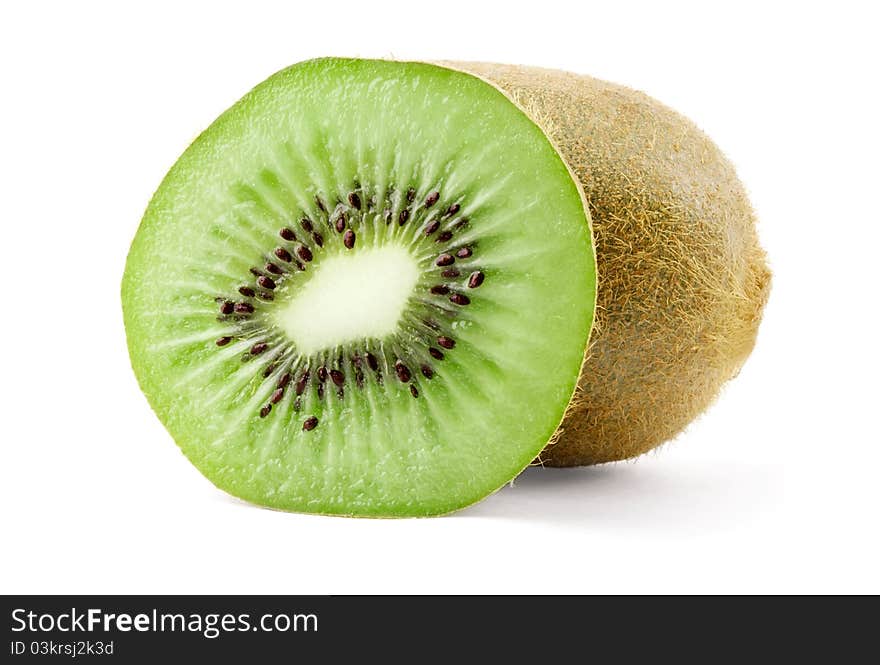 Ripe kiwi and slice isolated on white background