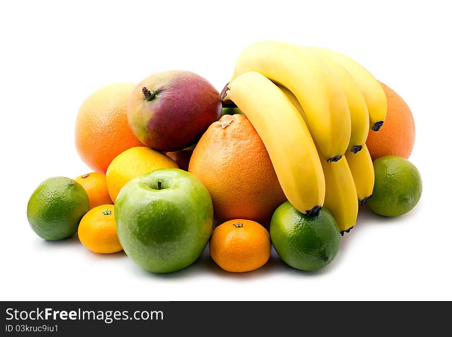 Assortment of fresh fruits on white background