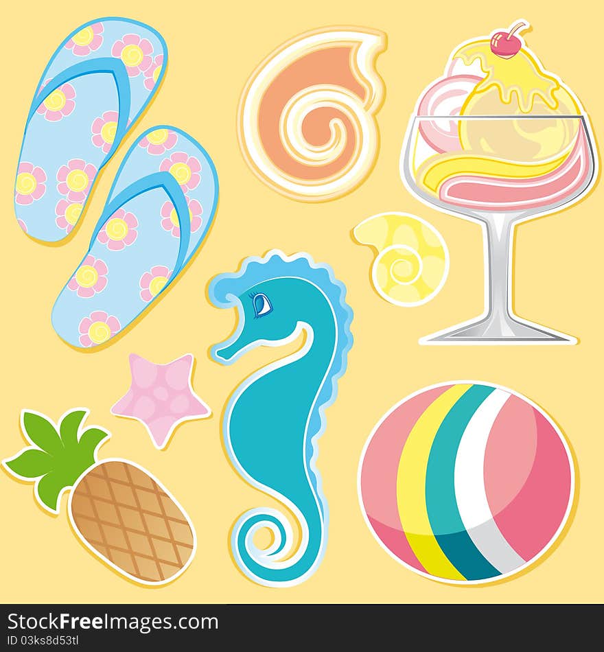 Set of colorful summer elements on beige background