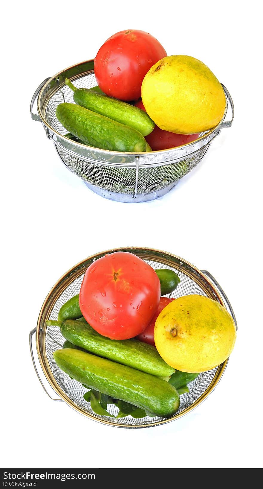 Tomatoes, cucumbers and a lemon in a strainer and rinsed in water. Tomatoes, cucumbers and a lemon in a strainer and rinsed in water