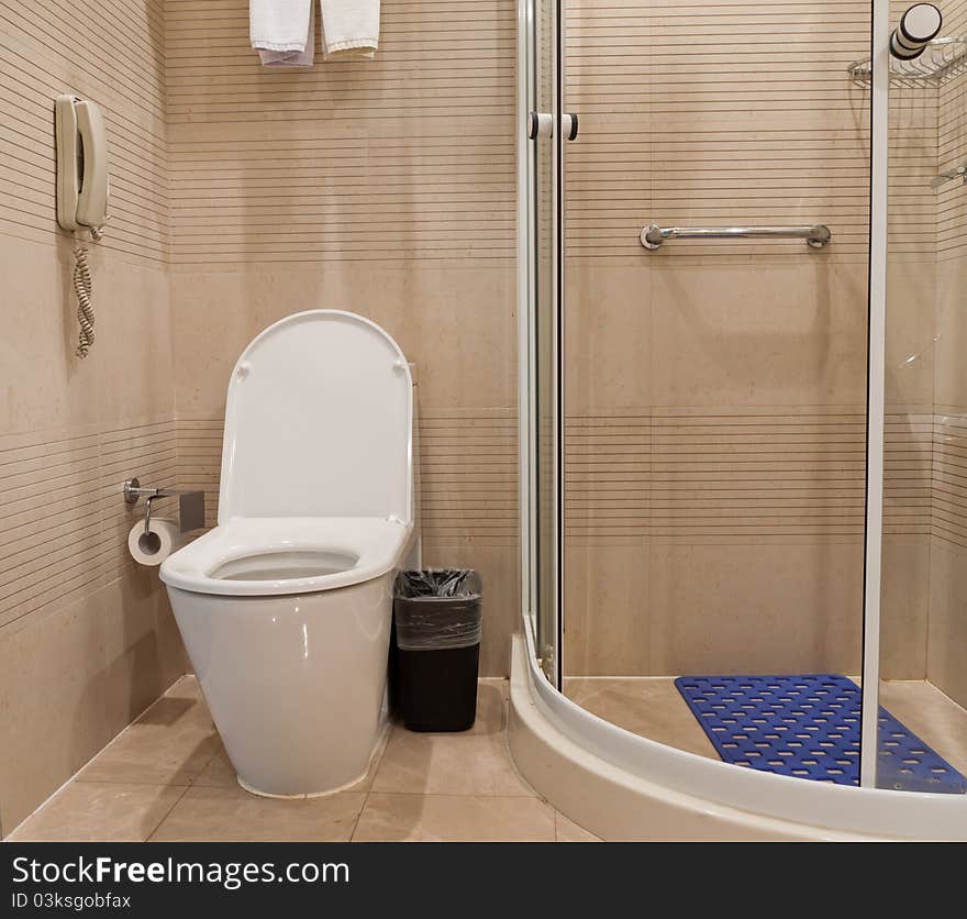 Bathroom detail with toilet and shower room.