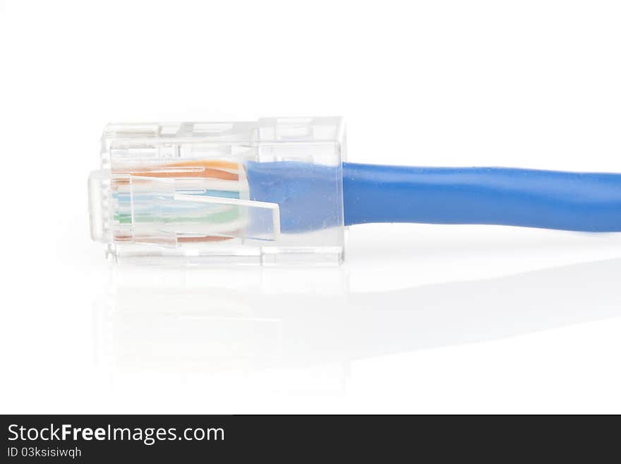 A blue ethernet cable against a white background