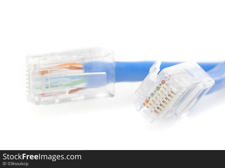 A blue ethernet cable against a white background