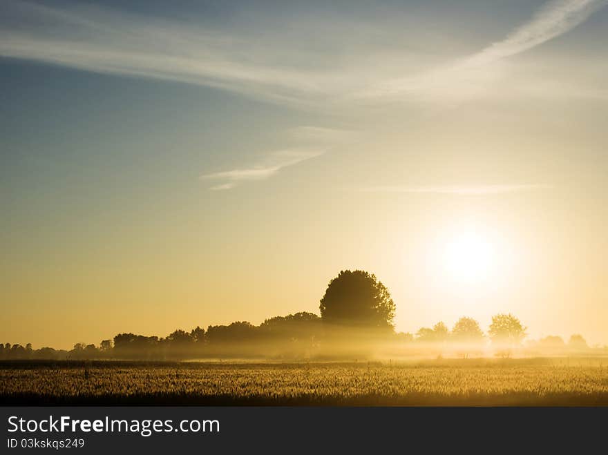 Occurring yellow sun behind the clouds on a warm evening