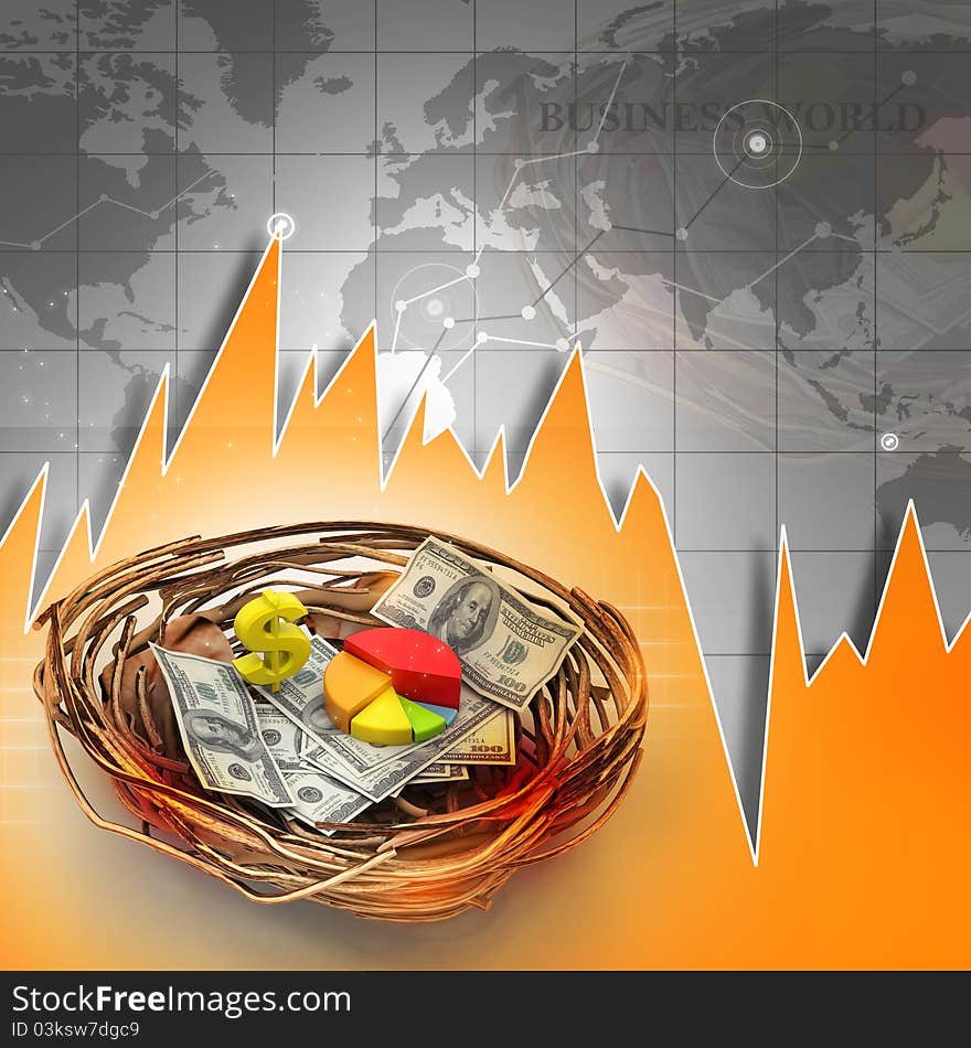 Business graph and dollar on nest. Business concept