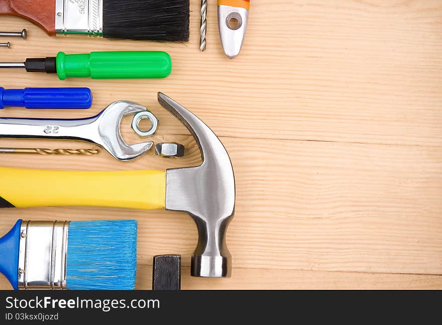 Set of tools and instruments on wood board