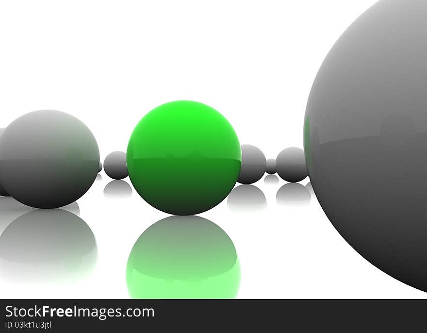 Follow the leader. 3D render of spheres.