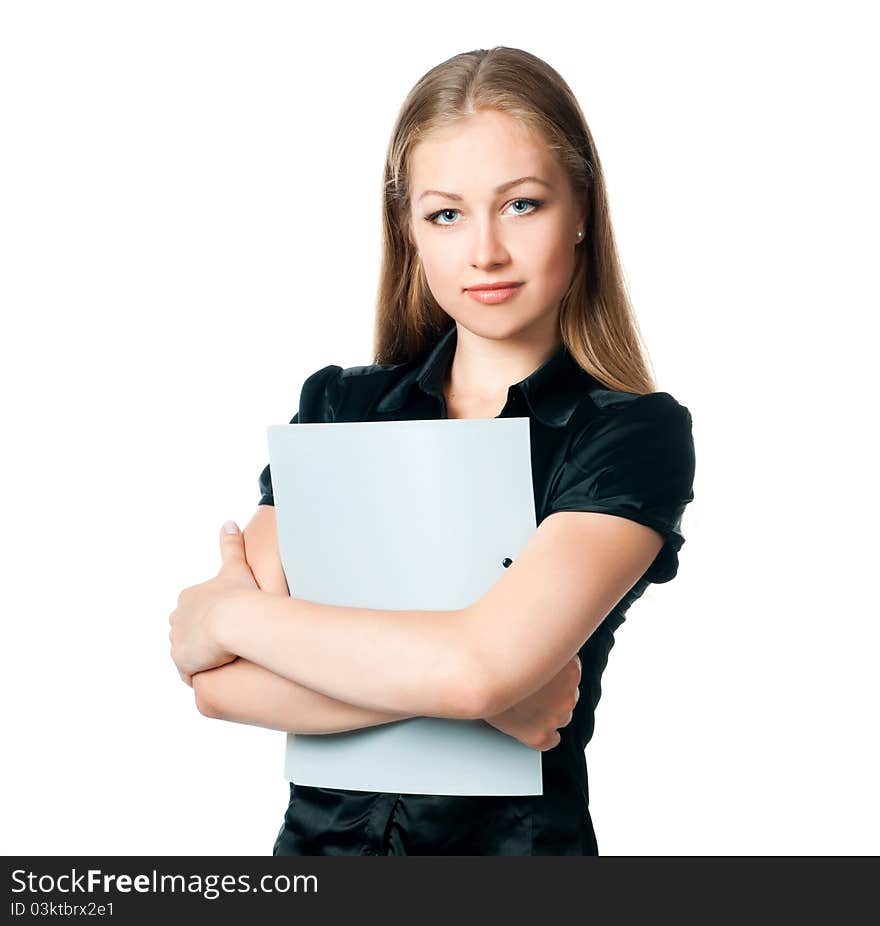 Beautiful young woman with a folder on a white