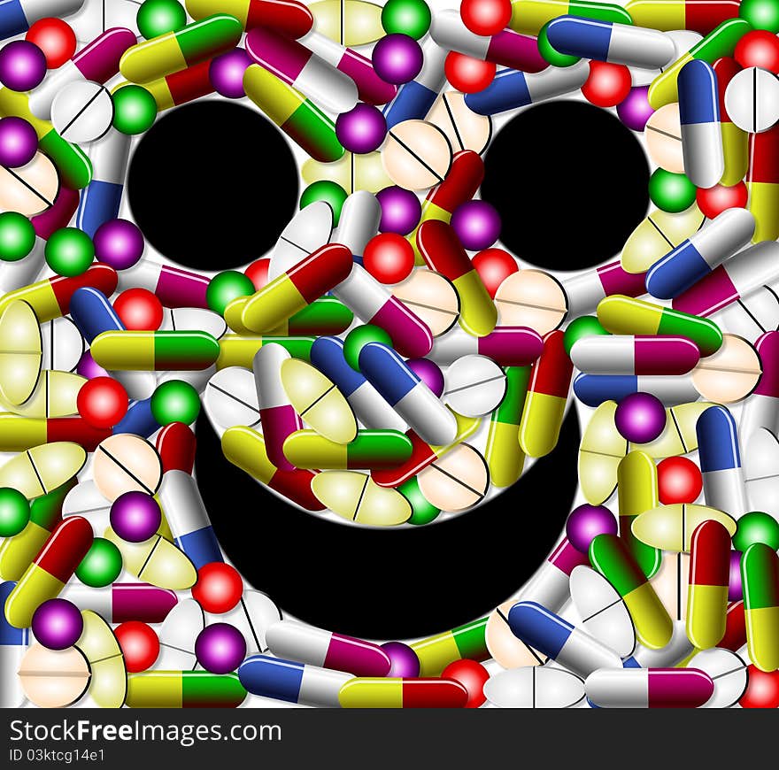 Different types of tablets and pills forming smiley face. Different types of tablets and pills forming smiley face