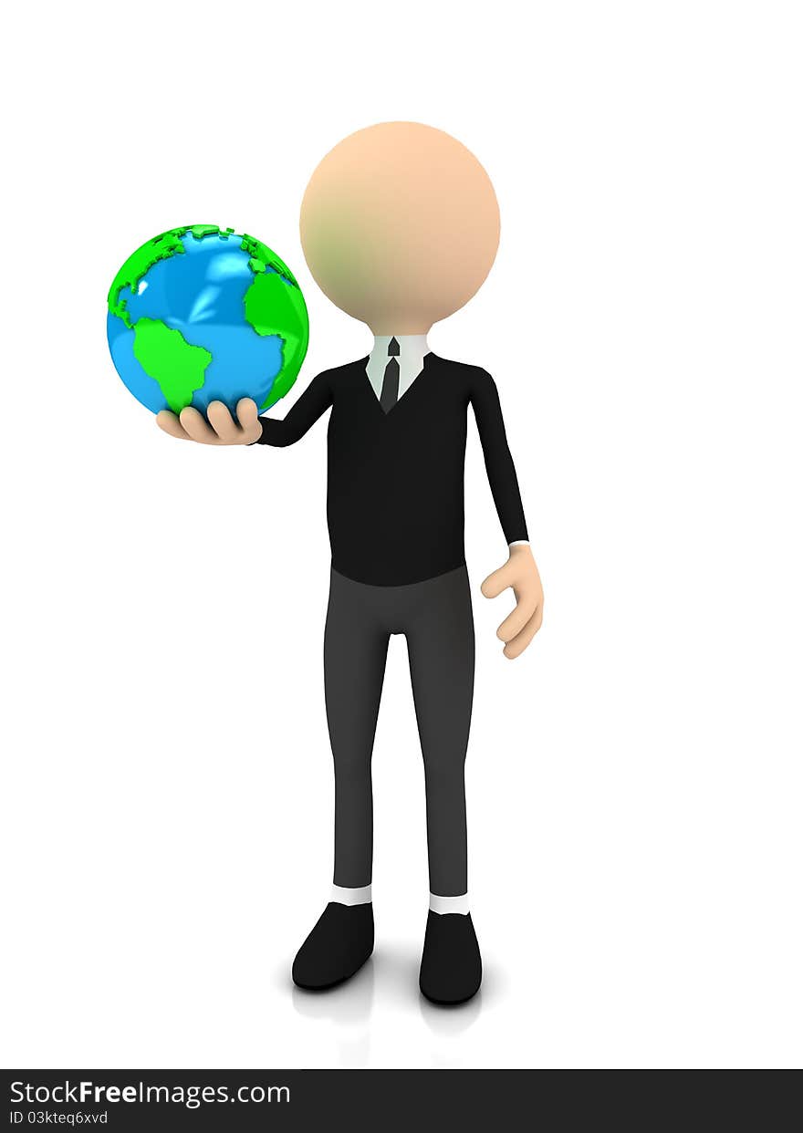 3d businessman with globe over white. computer generated image