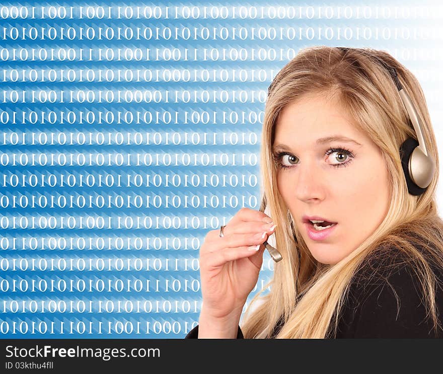 Beautiful blond girl call operator with binary code on background.Symbol of modern communication