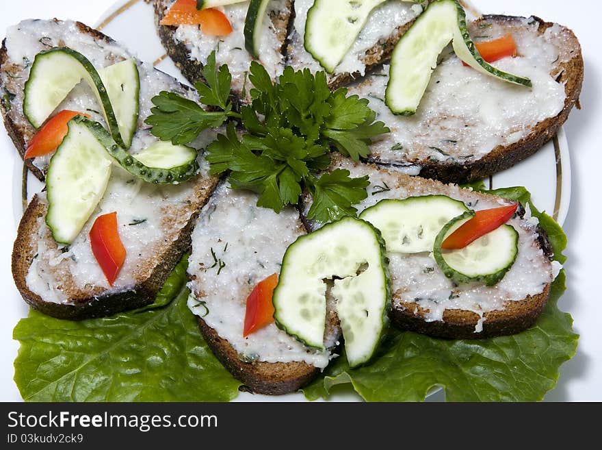 Slice of bread with lard and parsley , ukrainian cuisine