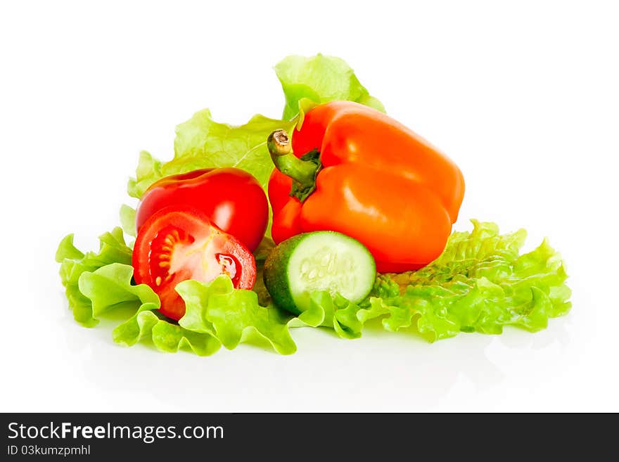 Mix of fresh tomatoes, cucumber and paprika on a leaf of salad isolated on white background with reflection. Mix of fresh tomatoes, cucumber and paprika on a leaf of salad isolated on white background with reflection