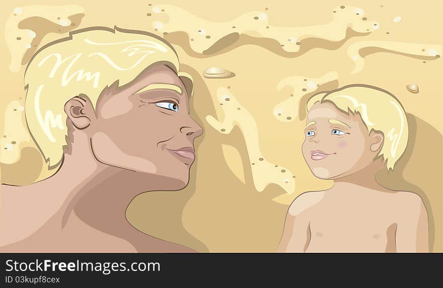 Colourful illustration of happy young dad and little son on the beach. Colourful illustration of happy young dad and little son on the beach