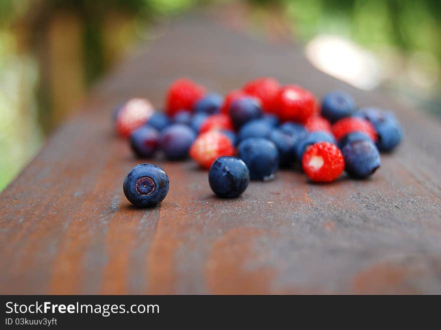 Delicious forest bilberries and wild strawberries. Close-up on the wooden background, shallow dof. Delicious forest bilberries and wild strawberries. Close-up on the wooden background, shallow dof