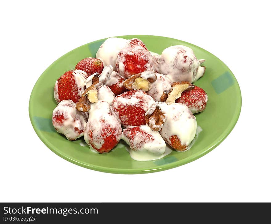 Fresh strawberry in sour cream isolated on a white background. Fresh strawberry in sour cream isolated on a white background.