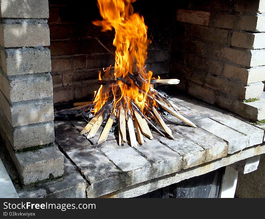 Wood fire for barbecue outdoors