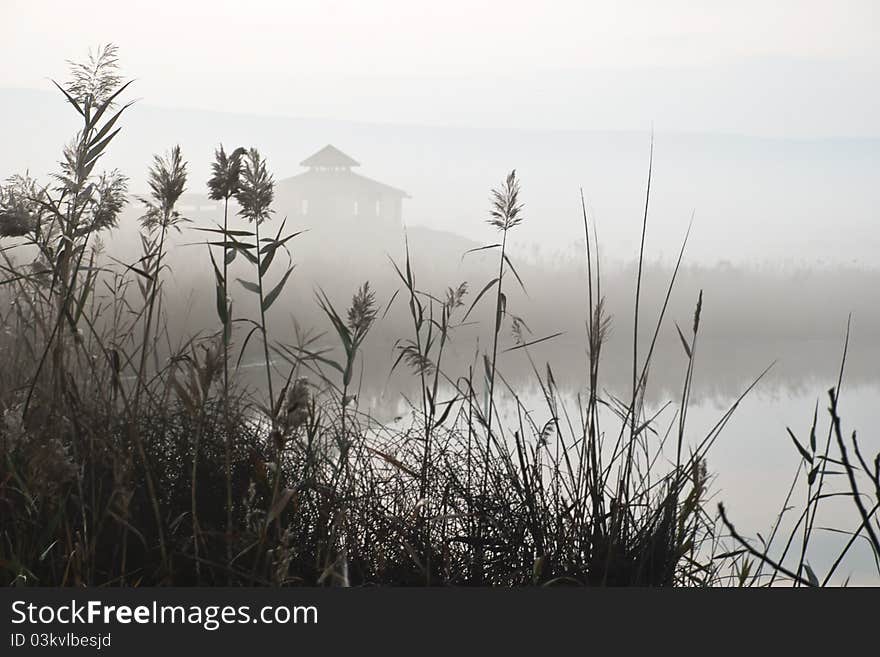 House in the fog at reservation during a sunrise