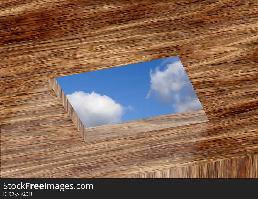 Rectangular opening in wooden ceiling with view of sky. Rectangular opening in wooden ceiling with view of sky