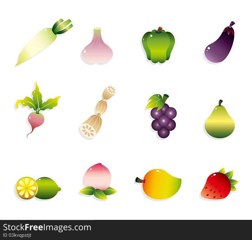 Cartoon Fruits and Vegetables icon set, drawing