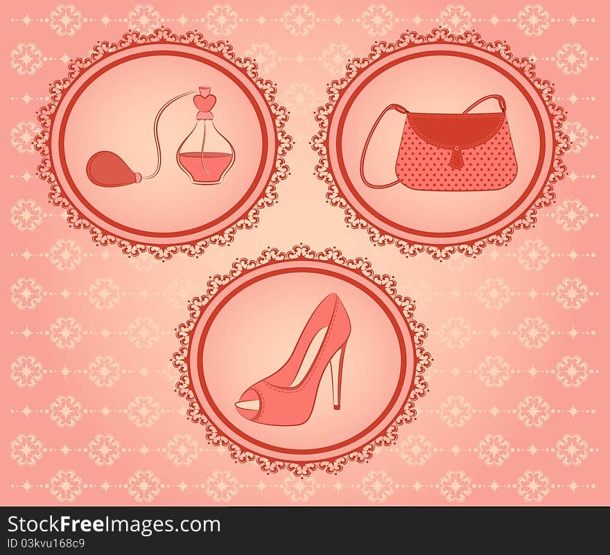 Cartoon vintage woman's bag, perfume and shoes.