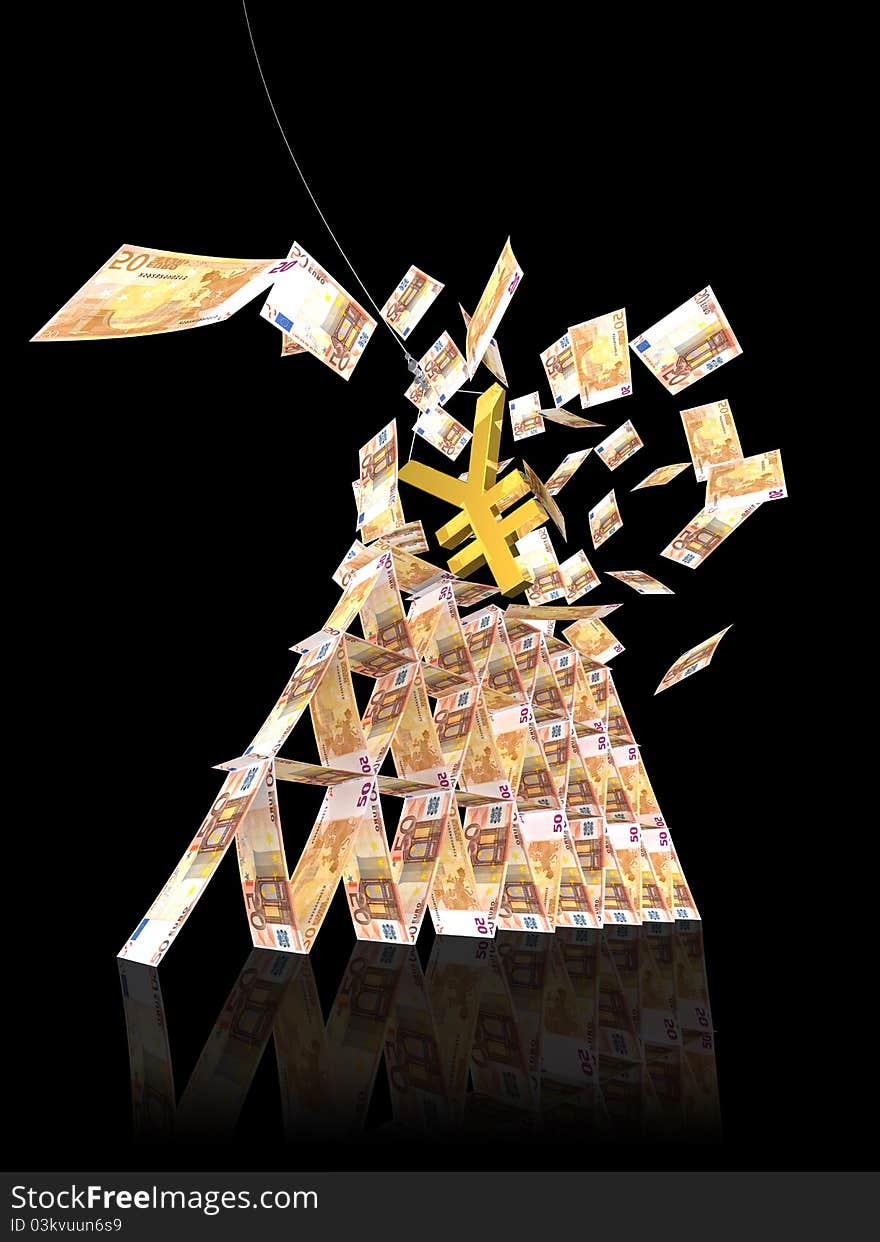 50 euro tower like card tower collapse from yen symbol strike. 50 euro tower like card tower collapse from yen symbol strike