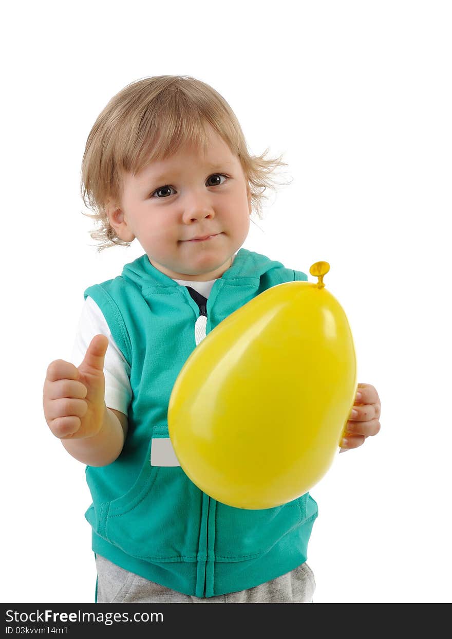 Cute little child smiling and holding a baloon. isolated