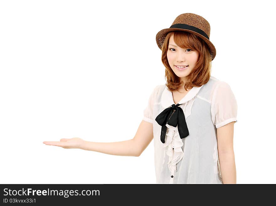 Young japanese woman hand showing blank sign. Young japanese woman hand showing blank sign