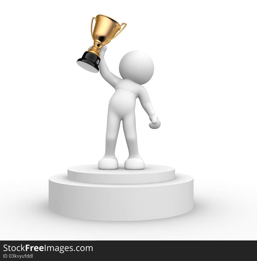 3d people- human character with the cup on the podium  This is a 3d render illustration