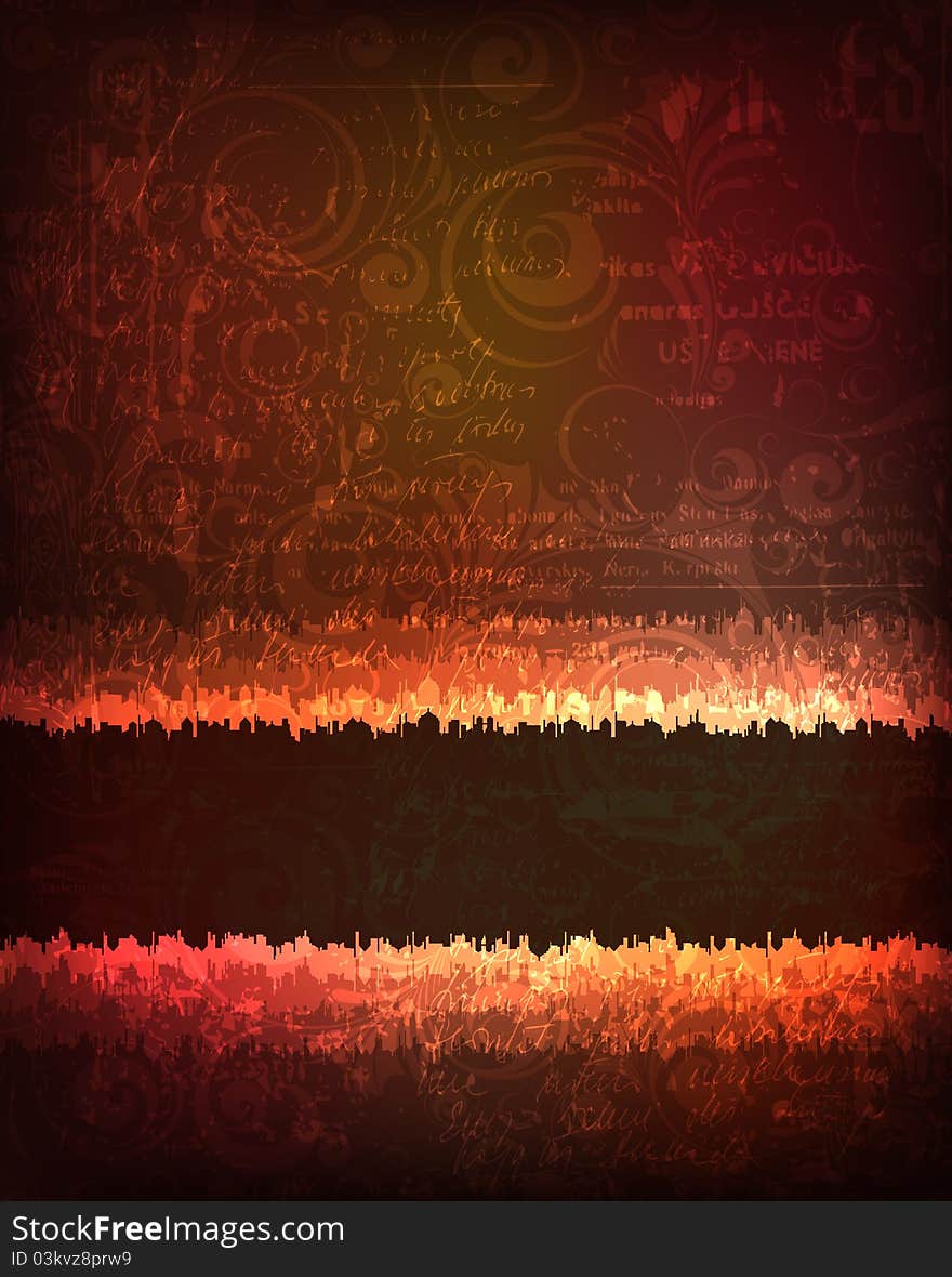 Grungy background with city silhouette shape frames. eps10 layered  file. Grungy background with city silhouette shape frames. eps10 layered  file.