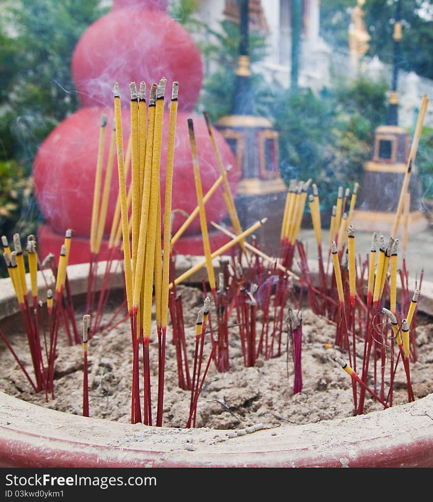 Burned incense sticks in the Incense holder,Thai temple -Thailand. Burned incense sticks in the Incense holder,Thai temple -Thailand