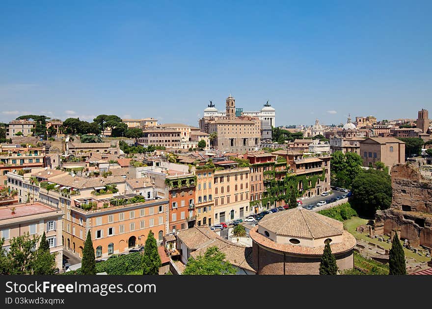 Panoramic view central part of Rome. View from the Palatine Hill. Italy, Europe.