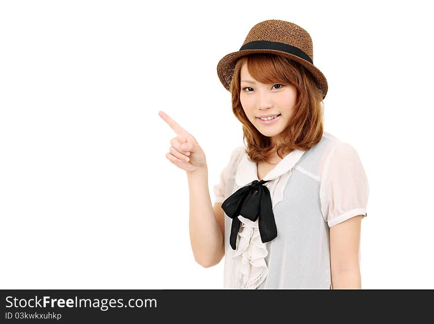 Portrait of young japanese woman pointing. Portrait of young japanese woman pointing