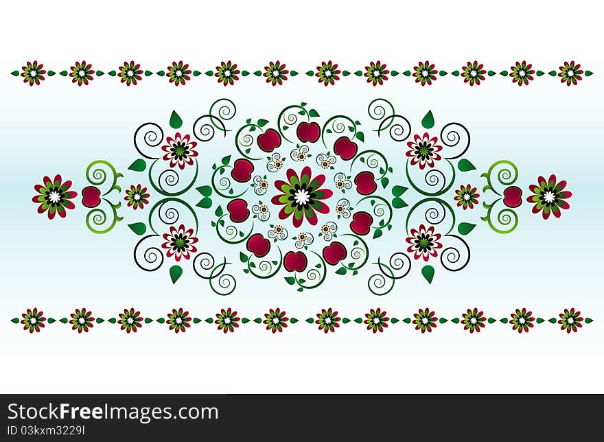 Horizontal ornament with flower and apple