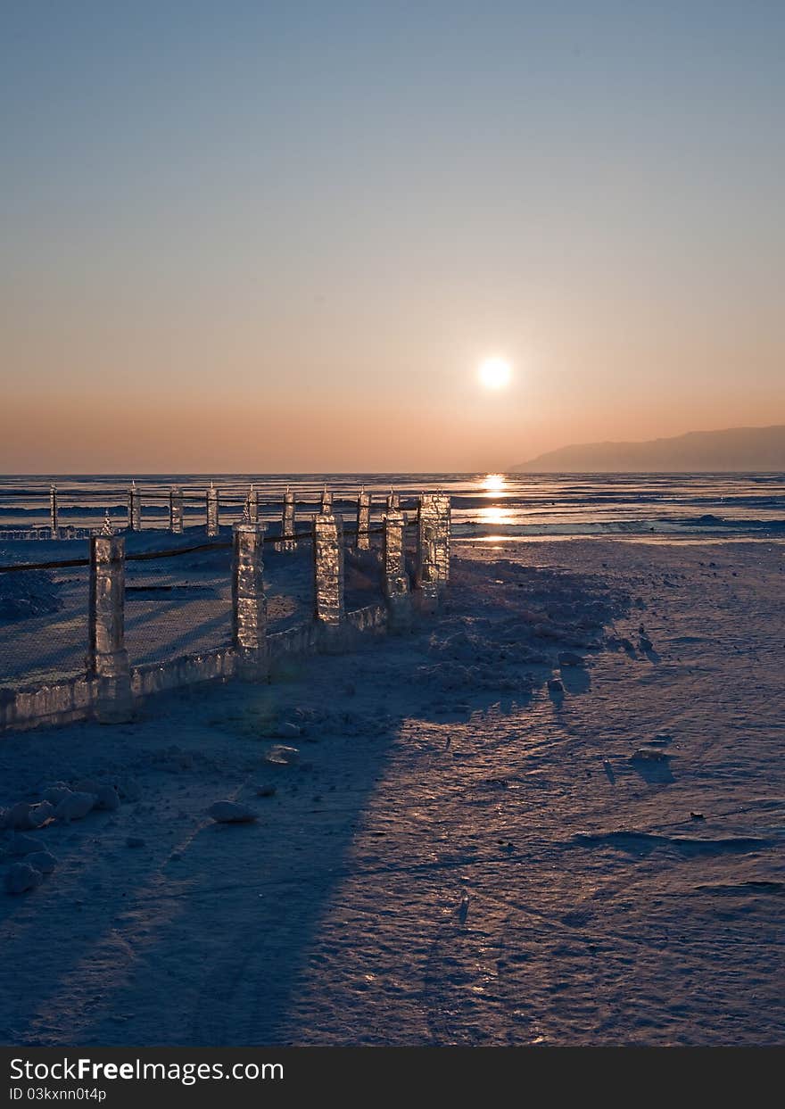 View on Baikal sunset winter