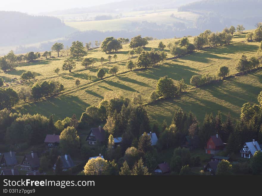 Hilly landscape with trees in late afternoon