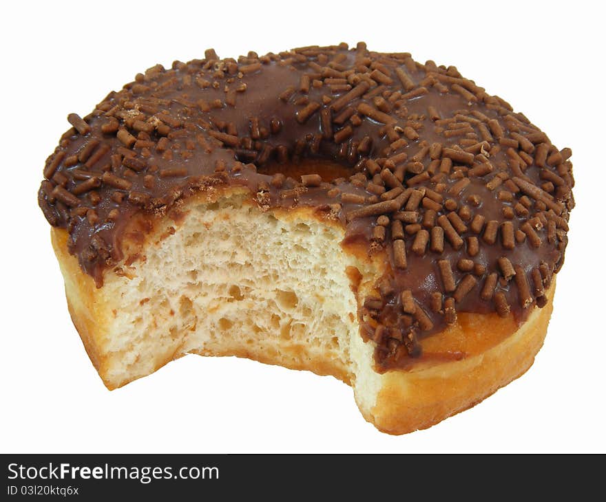 Chocolate doughnut on white background with bite. Chocolate doughnut on white background with bite