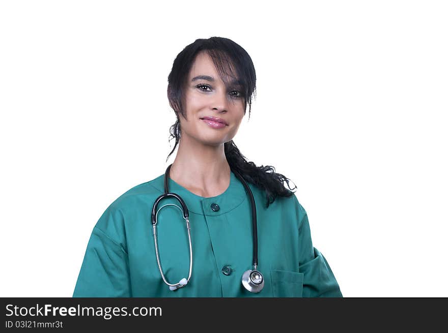 Pretty nurse in green isolated