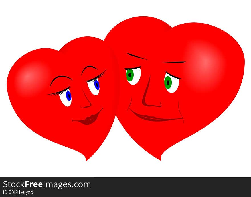 Two stylized hearts of female and male are smiling to each other. Two stylized hearts of female and male are smiling to each other