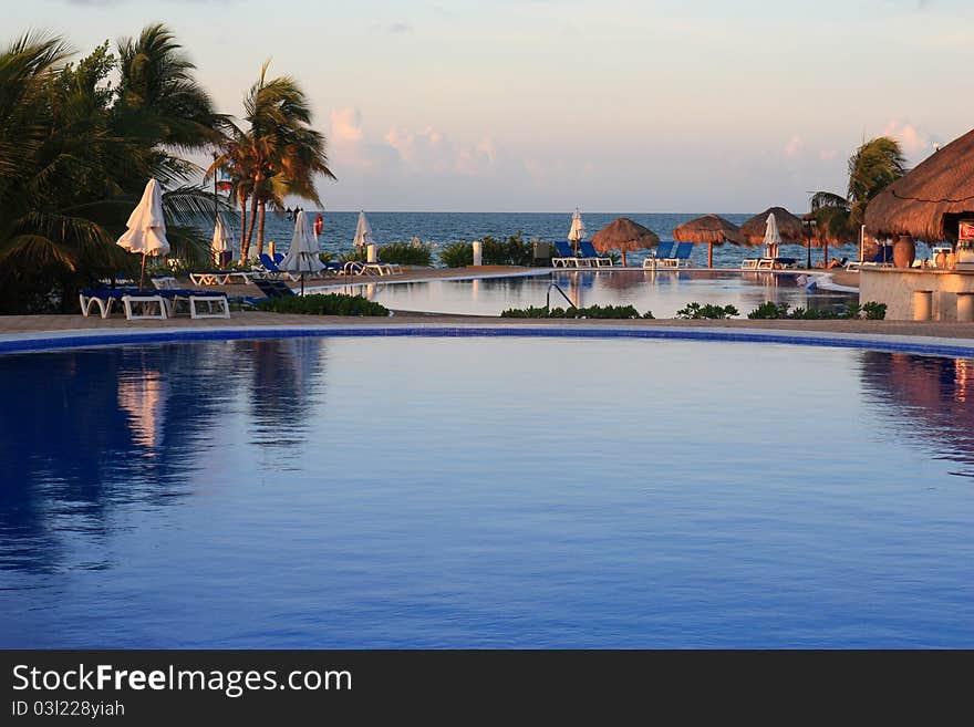 Big hotel pools without people in the morning