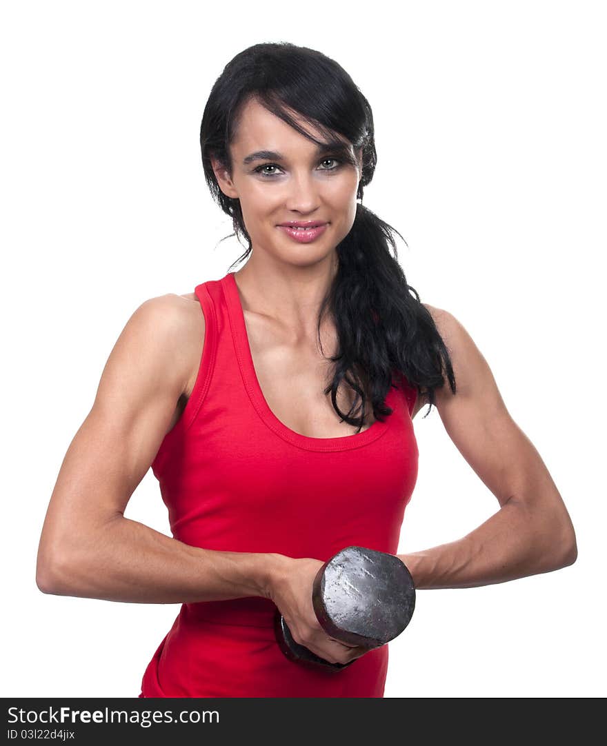 Beauty brunette with dumbbell isolated