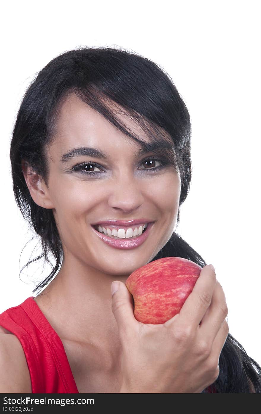 Beauty brunette with apple isolated