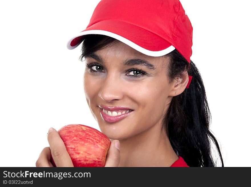 Brunette with red apple isolated