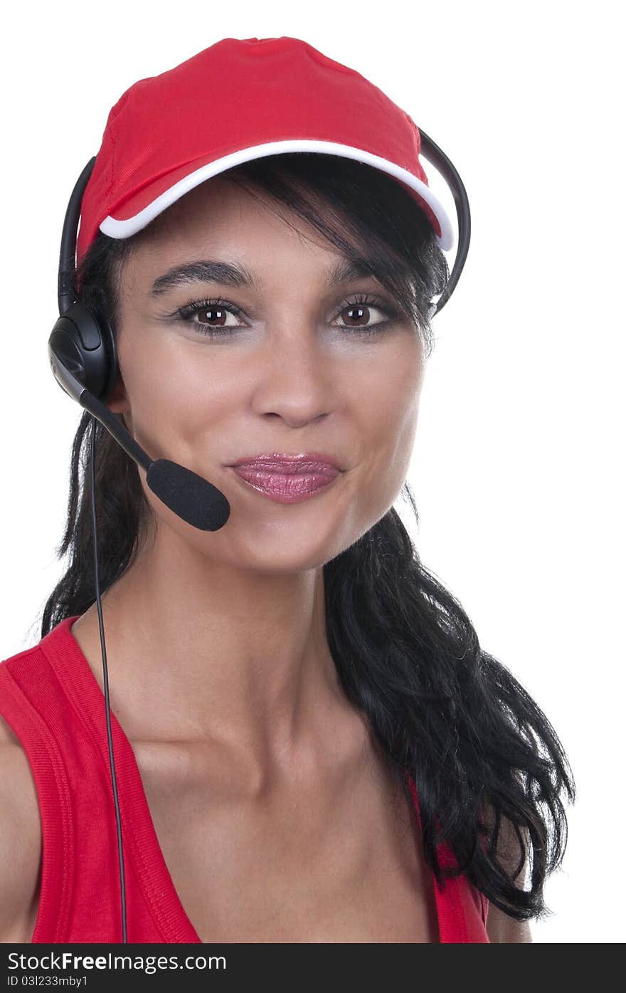 Brunette with red hat operator isolated