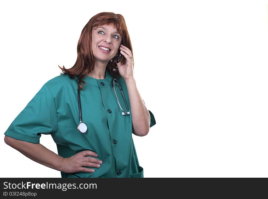 Redhead woman doctor with telephone